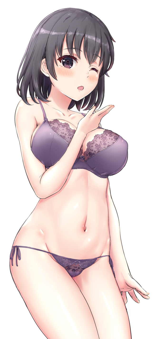 1girl 1girl alluring big_breasts black_eyes black_hair blush bra breasts cleavage collarbone commentary_request cowboy_shot high_res inanaki_shiki looking_at_viewer navel open_mouth panties purple_bra purple_panties short_hair silf simple_background standing underwear white_background yahari_ore_no_seishun_lovecome_wa_machigatteiru. yukinoshita_haruno