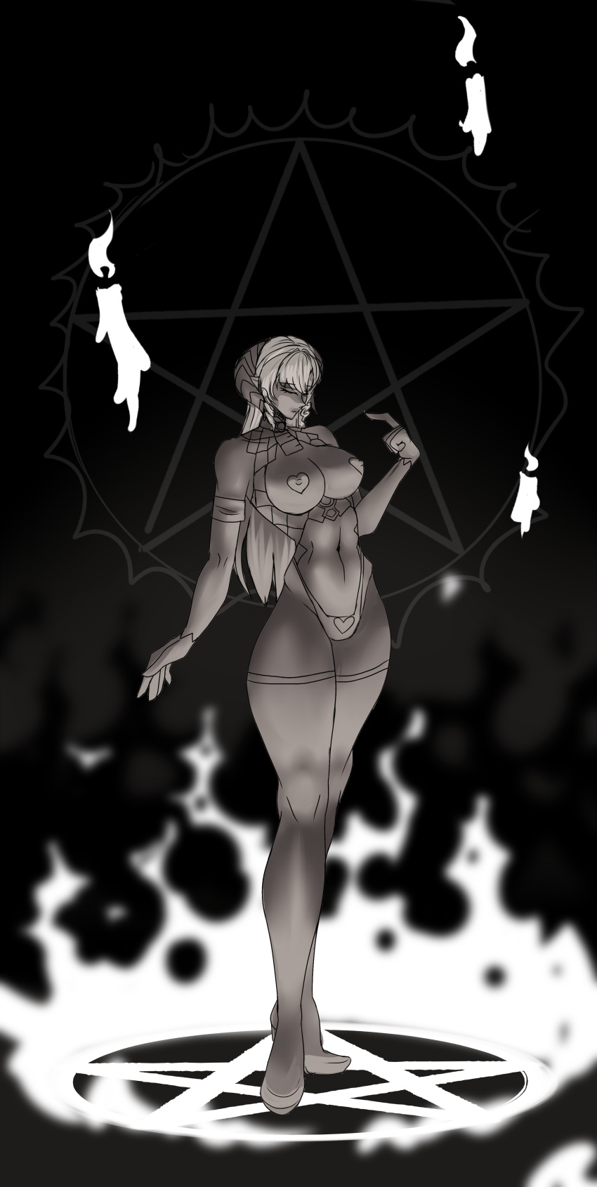 1girl alex_ficus big_breasts black_and_white candle demon_girl demon_horns flames heart-shaped_pasties mammon_(nanatsu_no_taizai) pentagram sin_nanatsu_no_taizai tagme