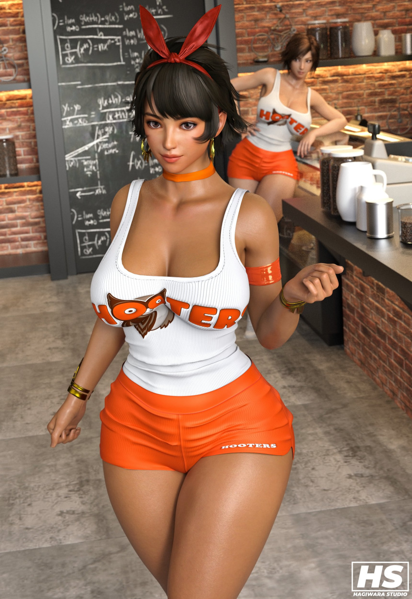 2girls 3d asian asian_female big_breasts brown_eyes duo_gale female_only hagiwara_studio hooters hooters_uniform josie_rizal kazama_asuka medium_hair namco short_shorts shorts tank_top tekken thick_thighs