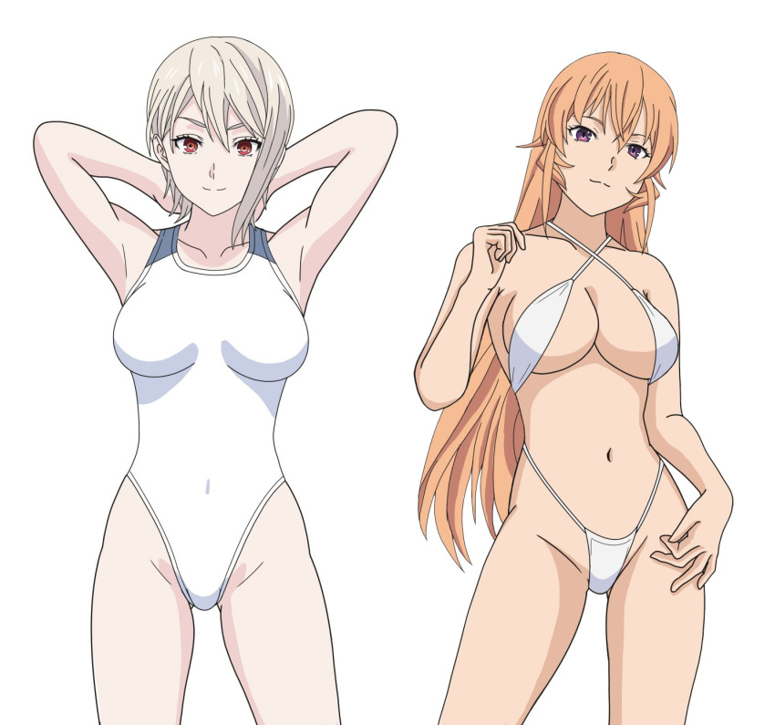 2girls big_breasts bikini cousins magenta_eyes nakiri_alice nakiri_erina pin_up posing purple_eyes rx53l5 shokugeki_no_souma silver_hair strawberry_blonde_hair