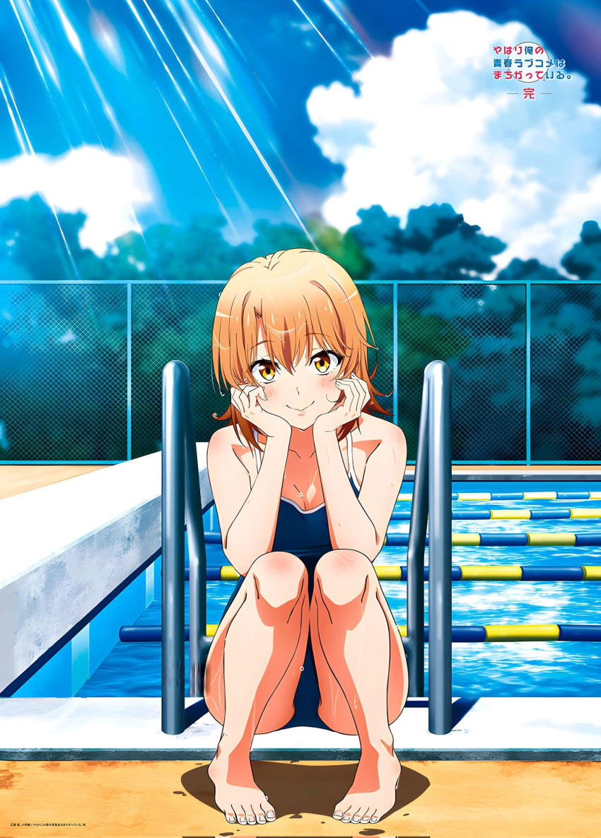1girl 1girl allurung bare_legs bare_shoulders barefoot bikini black_hair blue_eyes breasts competition_school_swimsuit copyright_name covered_navel hands_on_own_cheeks hands_on_own_face high_res isshiki_iroha long_hair looking_at_viewer medium_breasts official_art one-piece_swimsuit orange_hair pool poolside school_swimsuit squatting swimming_pool swimsuit thighs wet yahari_ore_no_seishun_lovecome_wa_machigatteiru. yellow_eyes