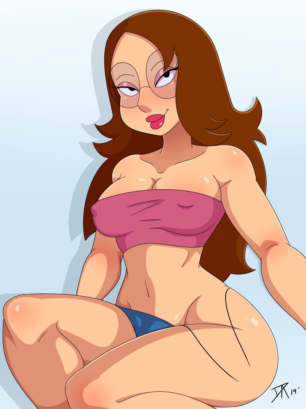 1girl big_ass big_breasts big_thighs breasts brown_hair dalley-le-alpha_(artist) family_guy female_only glasses lips lipstick long_hair looking_at_viewer meg_griffin multiverse_meg nipple_bulge pussy_peek red_lipstick smile smirk solo_female thick_thighs thong tube_top