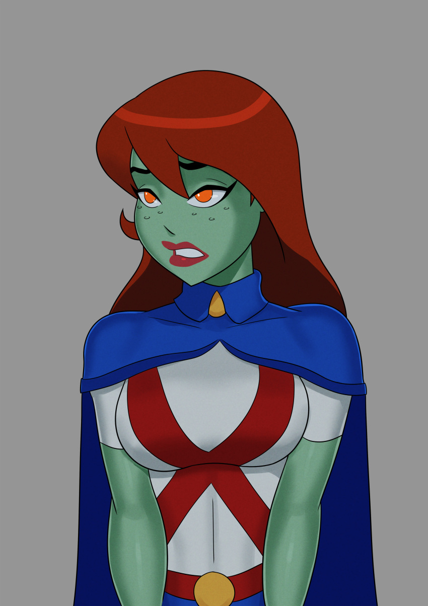 1girl big_breasts breasts comic_book_character female_focus freckles green_skin high_res long_hair martian megan_morse miss_martian orange_eyes patreon patreon_paid patreon_reward red_hair solo_female something_unlimited sunsetriders7 superheroine tagme teen