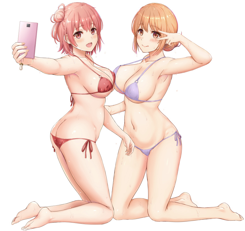 2_girls :d :q alluring armpits ass barefoot big_breasts bikini blue_bikini blush breasts butt_crack cleavage feet female_focus female_only hair_bun high_res holding holding_phone inanaki_shiki kneel matching_hair/eyes mature_female mother_&amp;_daughter multiple_girls navel open_mouth orange_eyes phone pink_eyes pink_hair red_bikini selfpic short_hair side-tie_bikini_bottom sidelocks simple_background single_hair_bun smile strap_gap swimsuit thighs toes tongue tongue_out under_boob v v_over_eye wet white_background yahari_ore_no_seishun_lovecome_wa_machigatteiru. yuigahama_yui yuigahama_yui's_mother