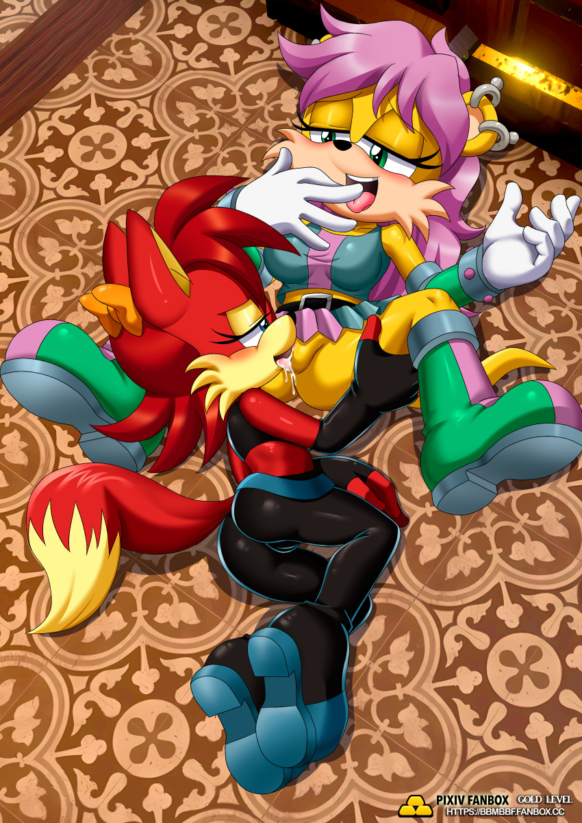 ass bbmbbf blush bow breasts cunnilingus earrings fiona_fox horny mina_mongoose mobius_unleashed palcomix purple_hair red_fur red_hair sega sonic_(series) sonic_the_hedgehog_(series) yellow_fur