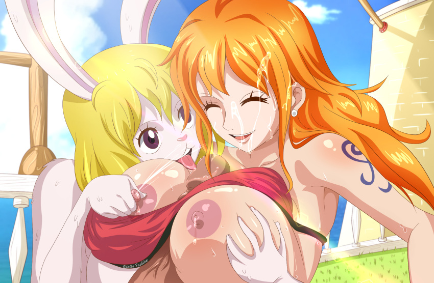 2_girls big_breasts blonde_hair breasts brown_eyes bunny_humanoid carrot_(one_piece) female_focus kuroko long_hair mature mature_female nami nipples one_piece orange_hair paizuri short_hair tagme