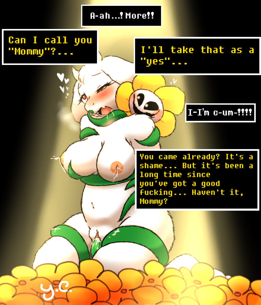 1boy 1girl anthro breasts english_text flowey_the_flower furry goat inverted_nipples lactation mature_female milf nipples nude plant pussy sex tentacle toriel undertale vaginal_penetration white_fur yurichan