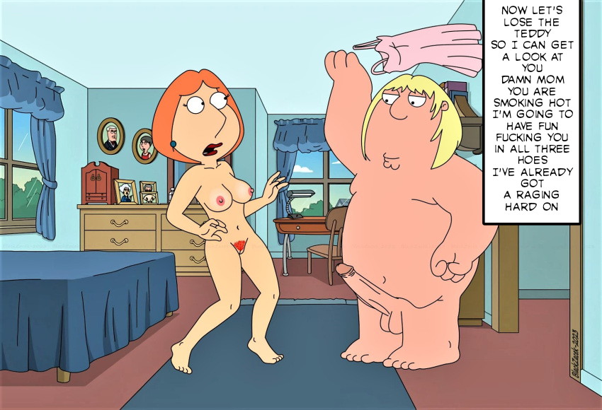 big_breasts big_penis blackzacek breasts cartoon_milf chris_griffin cmdrzacek comic dialogue erection family_guy fat_man f****d imminent_rape incest lois_griffin mother_&amp;_son nipples pale_breasts penis pubic_hair pussy red_hair surprised
