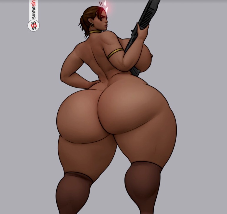 1girl 1girl alluring armlet ass big_ass big_breasts breasts capcom choker chubby curvy dark-skinned_female dark_hair dark_skin dayum earrings fat_ass from_behind gun huge_ass huge_breasts hyper_ass legs looking_back massive_ass nude parted_lips posing resident_evil resident_evil_5 round_ass sexy sheva_alomar sideboob slut someshittysketches standing stockings thick thick_ass thick_thighs weapon wide_hips