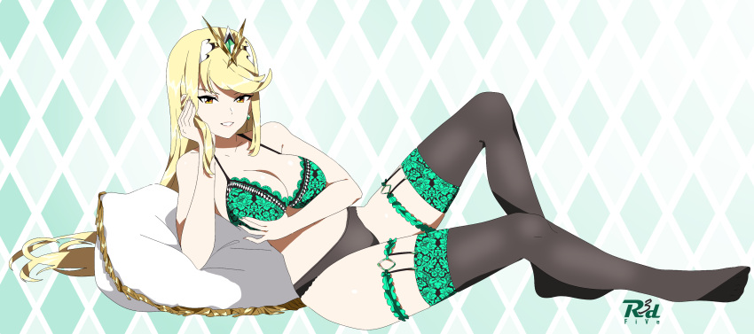 1girl alluring big_breasts blonde_hair bra cleavage high_heels lingerie mythra nintendo on_pillow panties stockings xenoblade_chronicles_2