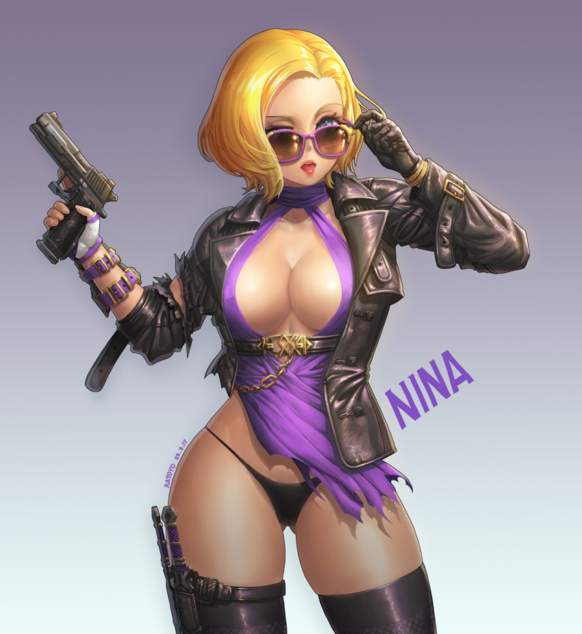 1girl asymmetrical_gloves big_breasts black_gloves black_jacket black_panties black_thighhighs blonde_hair breasts character_name collarbone dress english_text fingerless_gloves gloves gun hand_on_eyewear high_res jacket katoyo85 knife leather leather_jacket looking_at_viewer namco nina_williams open_clothes open_jacket open_mouth panties purple_dress short_hair stockings sunglasses teeth tekken tekken_2 tekken_3 tekken_4 tekken_5_dark_resurrection tekken_7 tekken_8 tekken_blood_vengeance tekken_bloodline tekken_tag_tournament tekken_tag_tournament_2 tekken_the_motion_picture thigh_strap tongue tongue_out torn_clothes underwear weapon