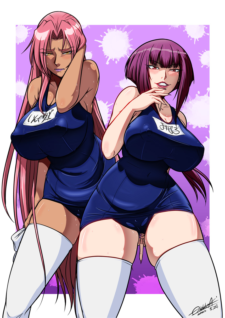 2_girls amber_eyes big_breasts breasts clothed_female dark-skinned_female dark_skin demon_girl demon_humanoid female_focus female_only hidzuke_aki ingrid_(taimanin_asagi) long_hair looking_at_viewer mature mature_female oboro_(taimanin_asagi) pink_hair school_swimsuit seductive_smile smile stockings swimsuit tagme taimanin_(series) taimanin_asagi violet_eyes violet_hair