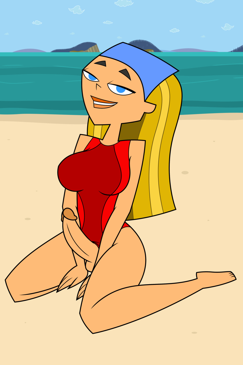 1futa beach blonde_hair blue_eyes breasts futa_only futanari half-closed_eyes kneel lindsay_(tdi) lindsay_(total_drama) looking_at_viewer navel one-piece_swimsuit penis sitting solo_futa swimsuit tjlive5 total_drama_island