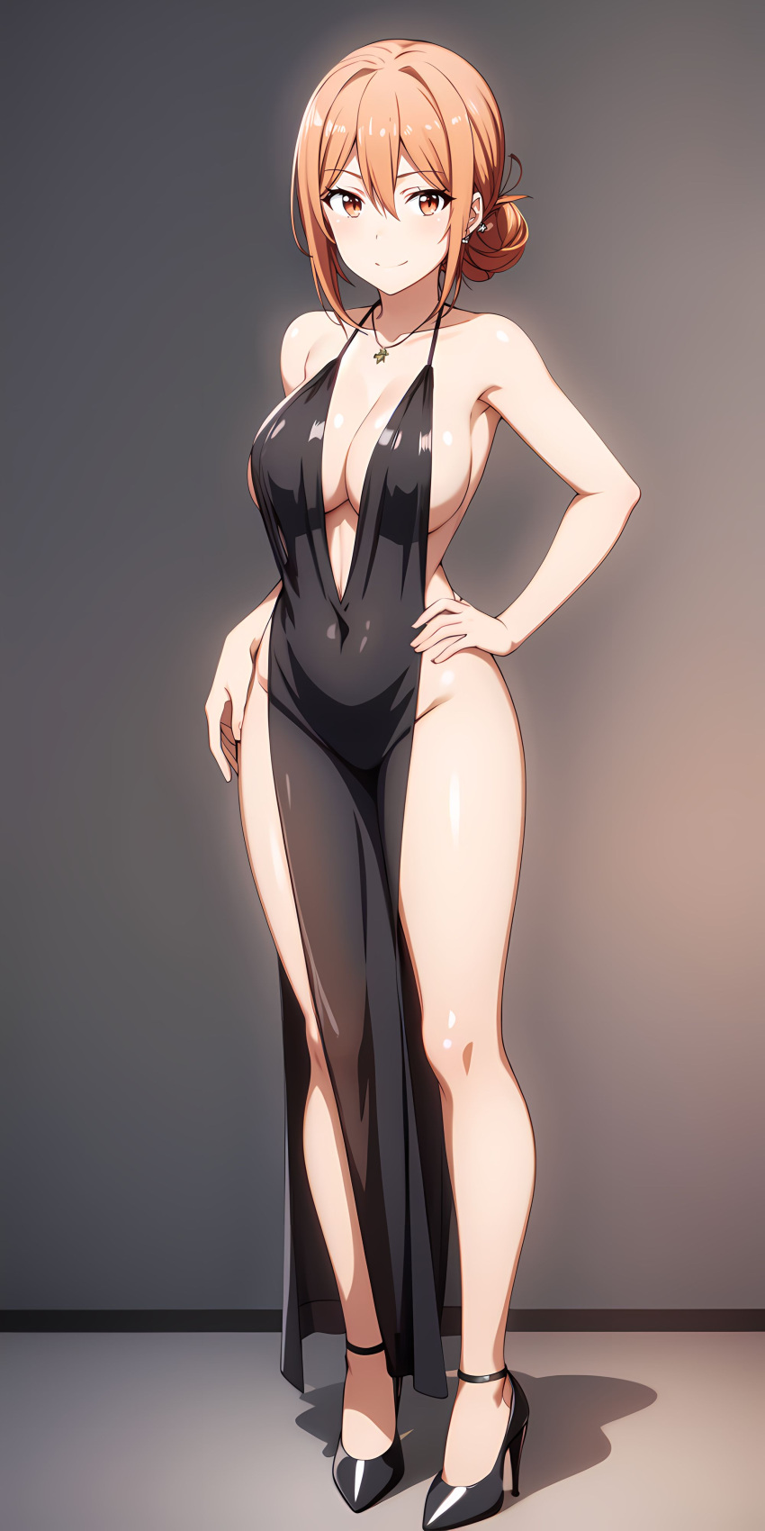 1826313 1girl alluring bare_legs big_breasts cleavage dress high_heels milf no_underwear orange_hair yahari_ore_no_seishun_lovecome_wa_machigatteiru. yuigahama_yui's_mother