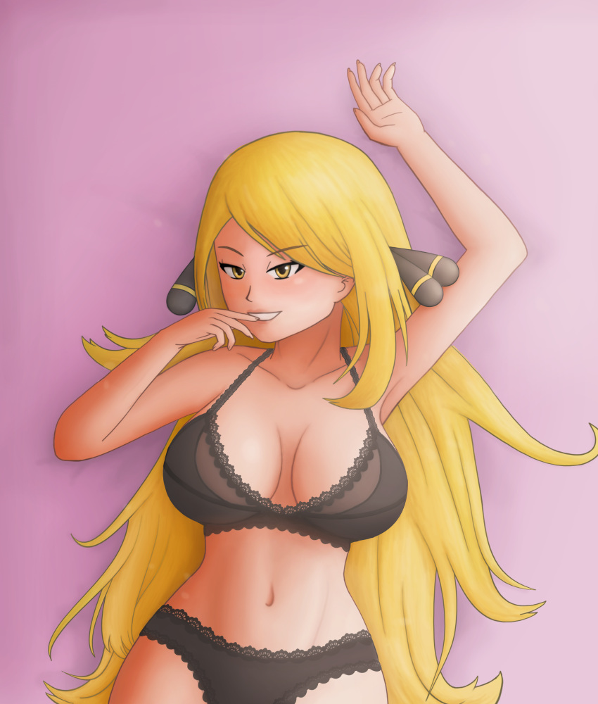 1female 1girl 2018 big_breasts black_lingerie blonde_hair breasts creatures_(company) digital_drawing_(artwork) digital_media_(artwork) female_only finger_on_mouth fit_female game_freak hair_bow lingerie long_hair looking_at_viewer lying_on_bed lying_on_floor midriff nintendo pale-skinned_female pale_skin panties pokemon pokemon_dppt pokemon_trainer saf-404 safartwoks safartworks seductive_eyes seductive_look sexy_body shiny_skin smiley_face straight_hair upper_body video_game_character yellow_eyes