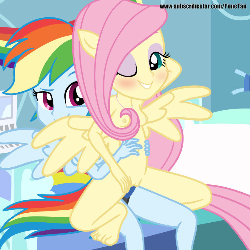 2_girls breasts equestria_girls fluttershy nude ponetan rainbow_dash strap-on tagme