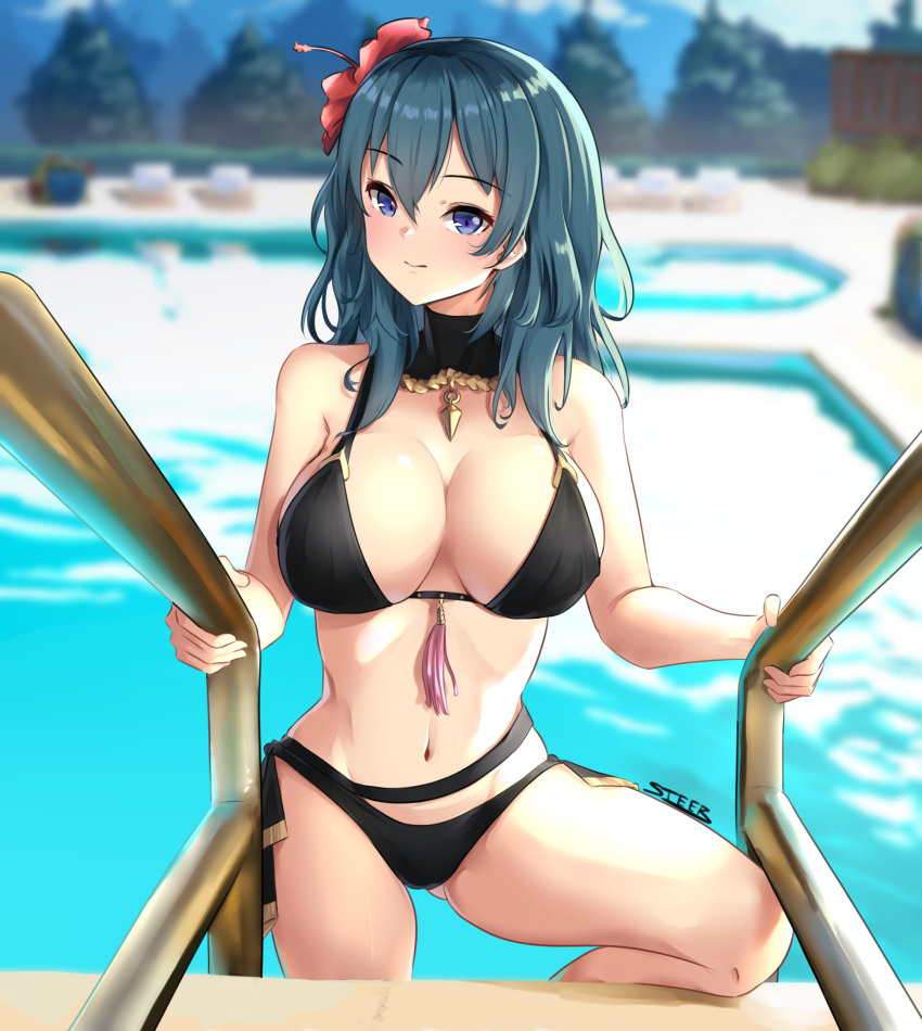1girl 1girl 1girl alluring alternate_costume big_breasts breasts byleth_(fire_emblem) byleth_(fire_emblem)_(female) byleth_(summer)_(fire_emblem)_(female) clothed clothing fire_emblem fire_emblem:_three_houses fire_emblem_heroes hartman_hips hips hourglass_figure looking_at_viewer nintendo official_alternate_costume one_leg_up seductive smile swimming_pool swimsuit tea_texiamato tiamato wide_hips
