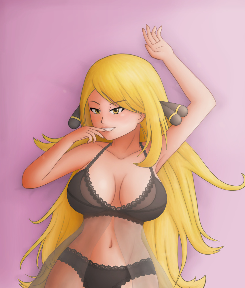 1female 1girl 2018 big_breasts black_lingerie blonde_hair breasts creatures_(company) digital_drawing_(artwork) digital_media_(artwork) female_only finger_on_mouth fit_female game_freak hair_bow lingerie long_hair looking_at_viewer lying_on_bed lying_on_floor midriff navel nintendo pale-skinned_female pale_skin panties pokemon pokemon_dppt pokemon_trainer saf-404 safartwoks safartworks seductive_eyes seductive_look sexy_body shiny_skin smiley_face straight_hair upper_body video_game_character yellow_eyes