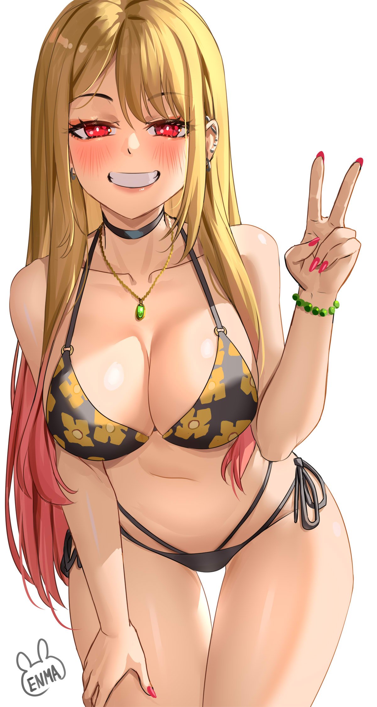 1girl 2022 alluring artist_signature big_breasts bikini black_bikini blonde_hair blush breasts choker cleavage ear_piercing enmanuelart20 female_only flower_pattern gyaru high_res highlights hips kitagawa_marin leaning_forward long_hair long_nails looking_at_viewer necklace painted_nails peace_sign red_eyes red_highlights side-tie_bikini simple_background slim_waist smile sono_bisque_doll_wa_koi_wo_suru thick_thighs thigh_gap thighs white_background wide_hips