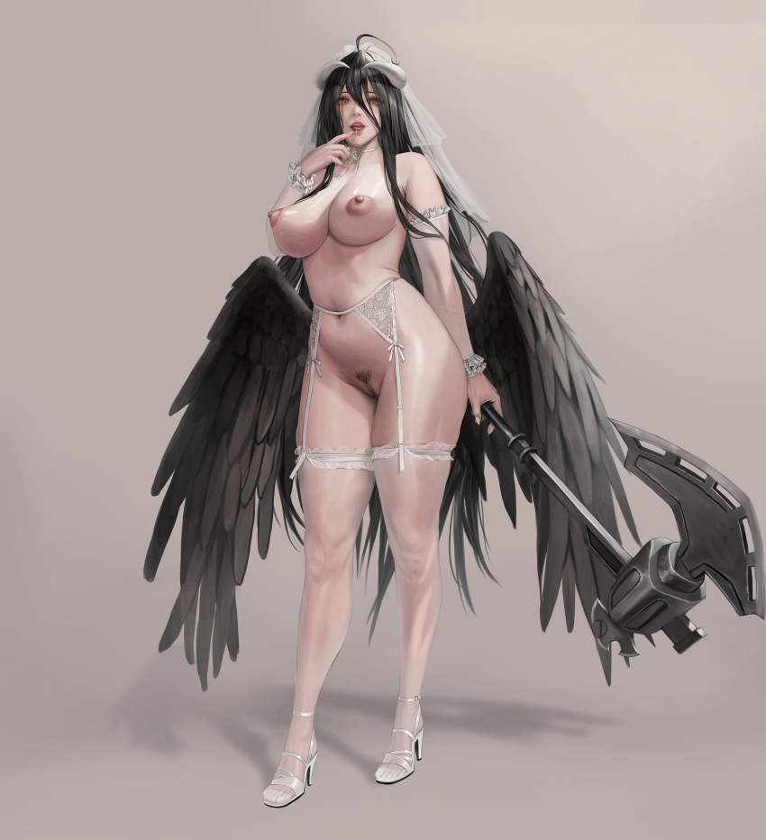 1girl albedo_(overlord) big_ass big_breasts horns janggun lingerie platform_shoes pubic_hair pubic_hair_peek seductive succubus wedding_lingerie wings