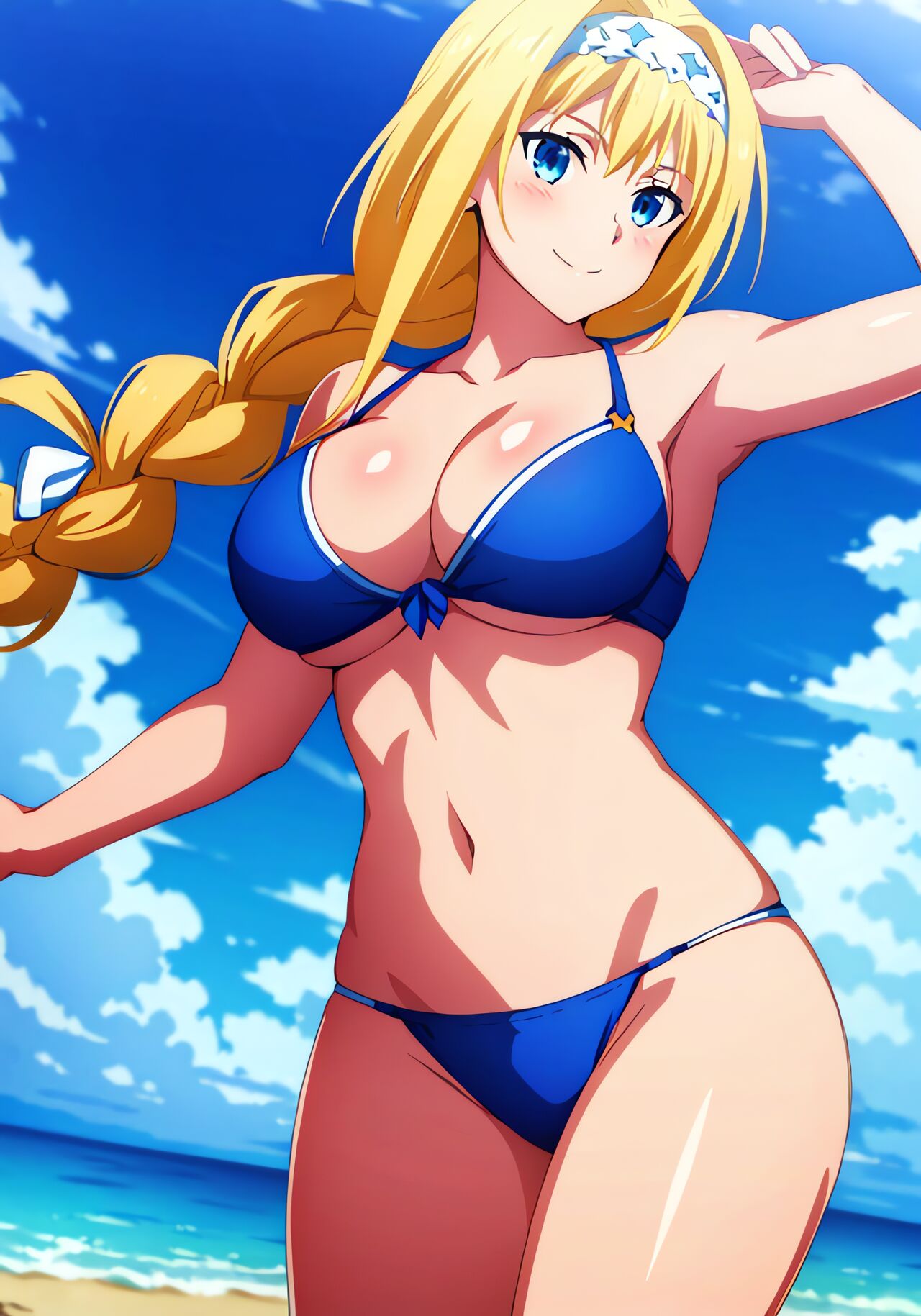 1girl alice_schuberg alluring bare_legs beach big_breasts bikini blonde_hair blue_eyes blue_sky cleavage joker_(artist) ocean sword_art_online