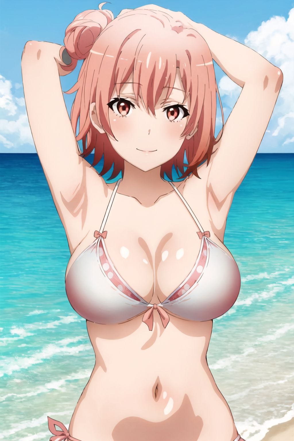 1girl alluring beach big_breasts bikini blue_sky cleavage matching_hair/eyes nios ocean yahari_ore_no_seishun_lovecome_wa_machigatteiru. yuigahama_yui