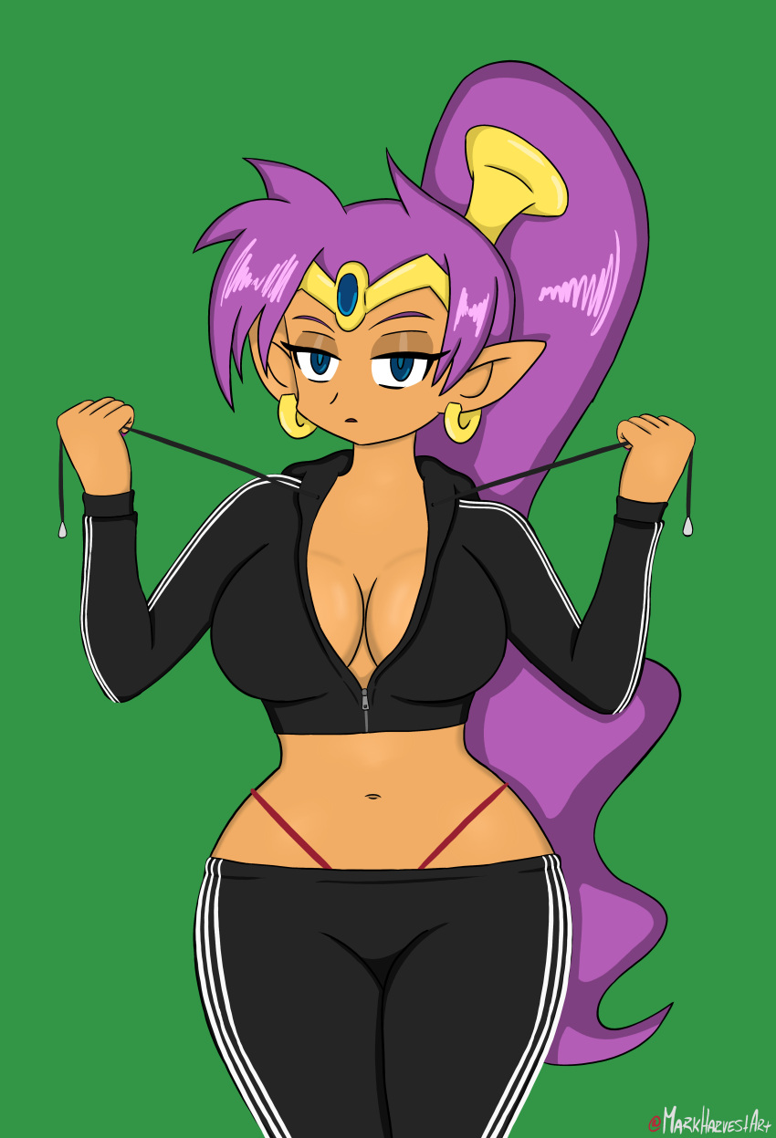 1girl alternate_breast_size artist_name big_breasts blue_eyes breasts child_bearing_hips cleavage curvy female_only high_res hips jacket legs looking_at_viewer markharvest midriff navel pants pointy_ears ponytail purple_hair shantae shantae_(character) thick_thighs thighs thong voluptuous wayforward wide_hips