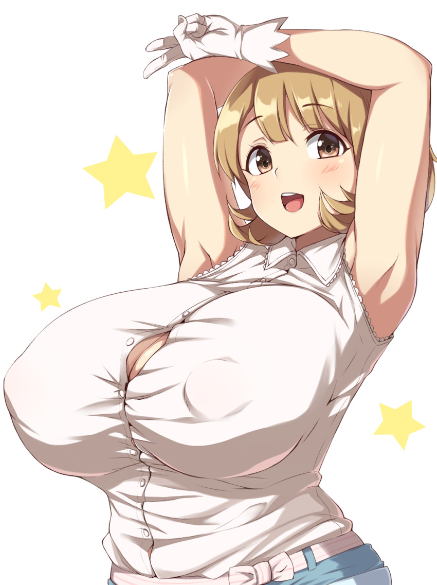1girl armpits arms_behind_head arms_up big_breasts blouse blush breasts brown_eyes brown_hair clothed_female female female_focus female_only gesture gloves huge_breasts moisture_(chichi) narusawa_ryouka occultic;nine open_mouth puffy_nipples shirt short_hair simple_background smile solo solo_female solo_focus tagme teenager v