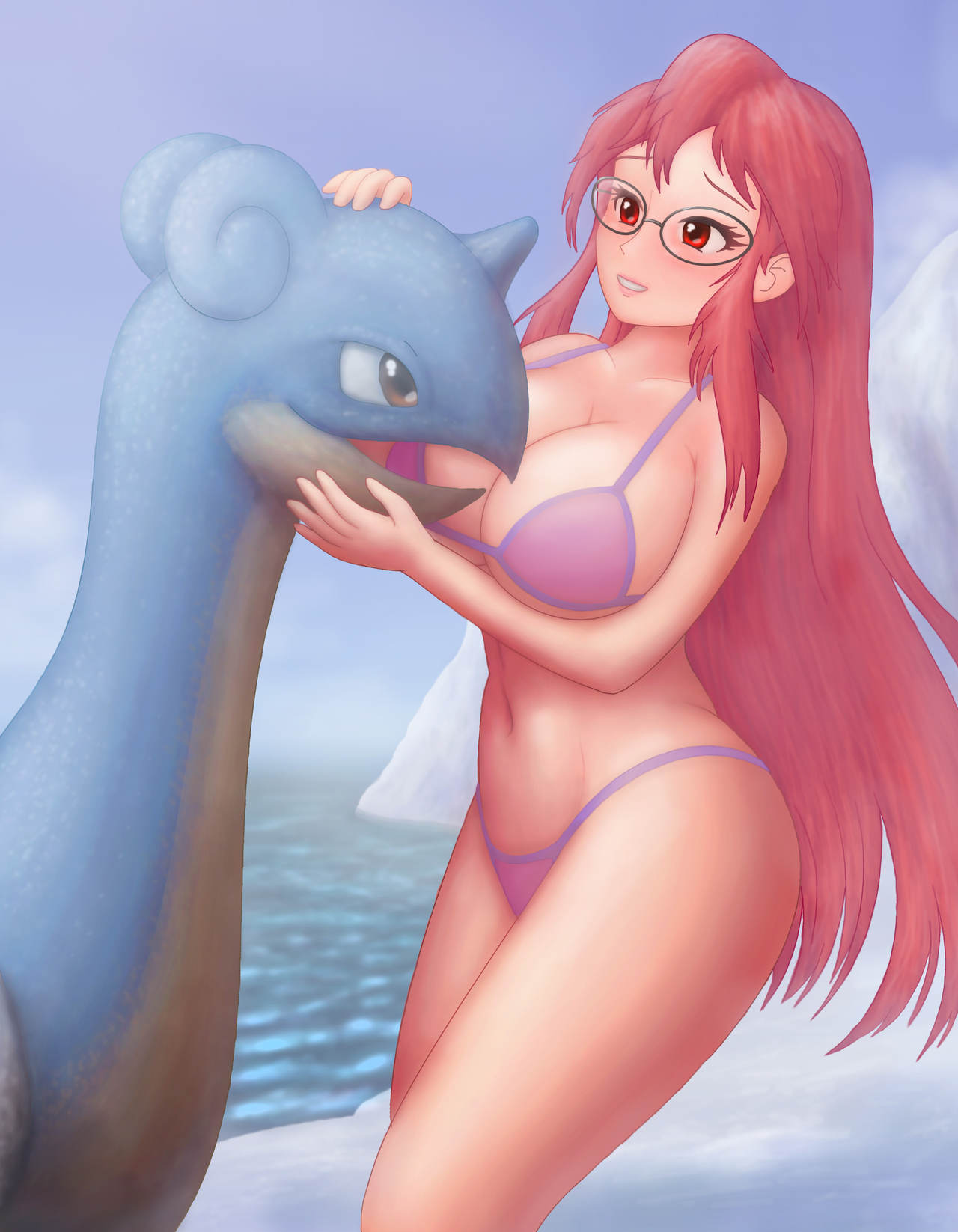 1girl big_breasts bikini breasts caress creatures_(company) female_human glasses lapras long_hair looking_at_another lorelei lorelei_(pokemon) nintendo pink_bikini pokemon pokemon_(game) pokemon_hgss pussy red_eyes red_hair saf-404 safartwoks safartworks standing