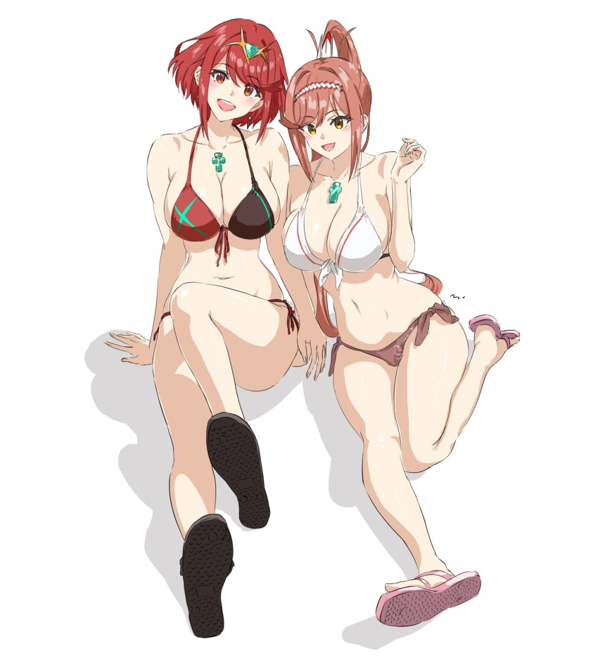 2_girls alluring arms_up big_breasts bikini blush breasts censored chest_jewel collarbone commentary dangle_earrings earrings feet full_body glimmer_(xenoblade) heel_up high_ponytail high_res jewelry kneepits legs long_hair looking_at_viewer medium_hair mitsugu mother_&amp;_daughter multiple_girls navel open_mouth pyra red_eyes red_hair sandals shoe_soles sidelocks sitting swept_bangs swimsuit tiara white_background xenoblade_chronicles_(series) xenoblade_chronicles_2 xenoblade_chronicles_3 xenoblade_chronicles_3:_future_redeemed
