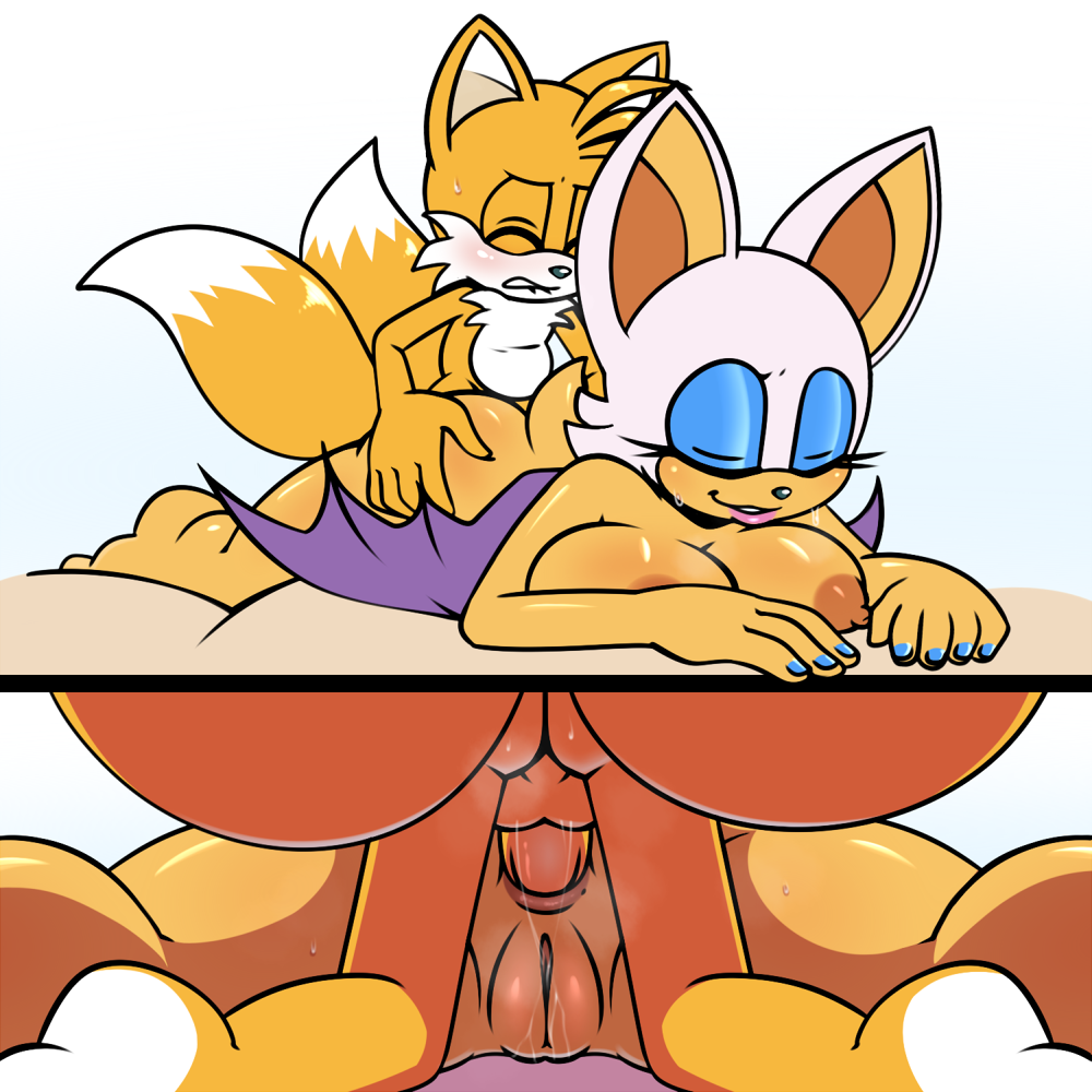 1:1 1boy 1girl 2023 2_tails age_difference anal anal_penetration anthro anus balls bat big_breasts bite biting_lip blush breast_squish breasts canid canine closed_eyes cub digital_media_(artwork) duo fox genitals hyoumaru interspecies lipstick looking_pleasured lying makeup male male/female mammal miles_"tails"_prower multi_tail nipples older_female on_front penetration penis pink_lipstick prone_bone rouge_the_bat sega s***a sonic_the_hedgehog_(series) squish tail wings young young_man_and_milf younger_male