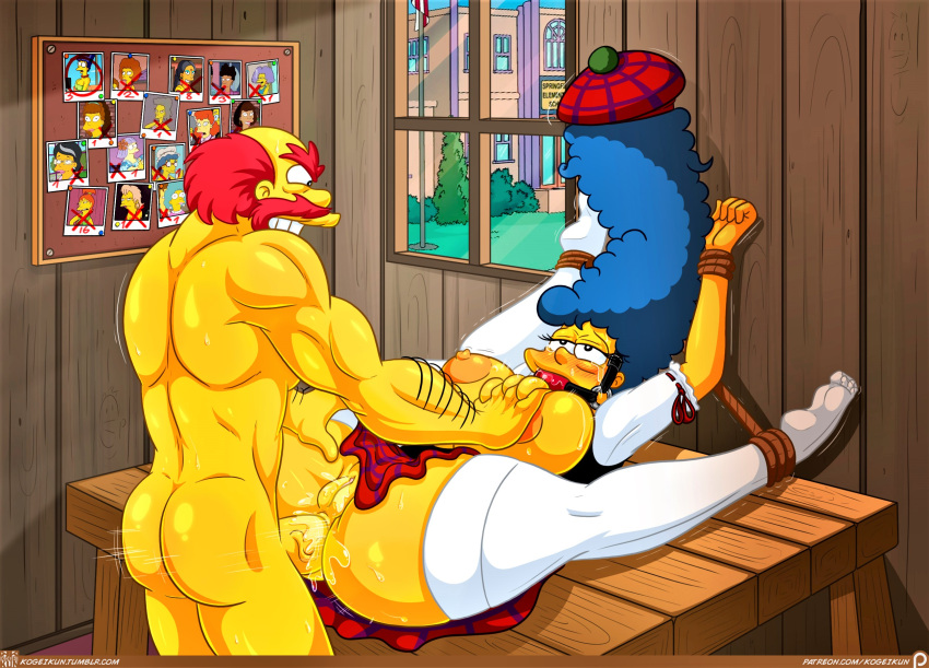 anal ball_gag bdsm erect_nipples erect_penis groundskeeper_willie huge_breasts huge_penis marge_simpson shaved_pussy spread_legs stockings the_simpsons thick_thighs