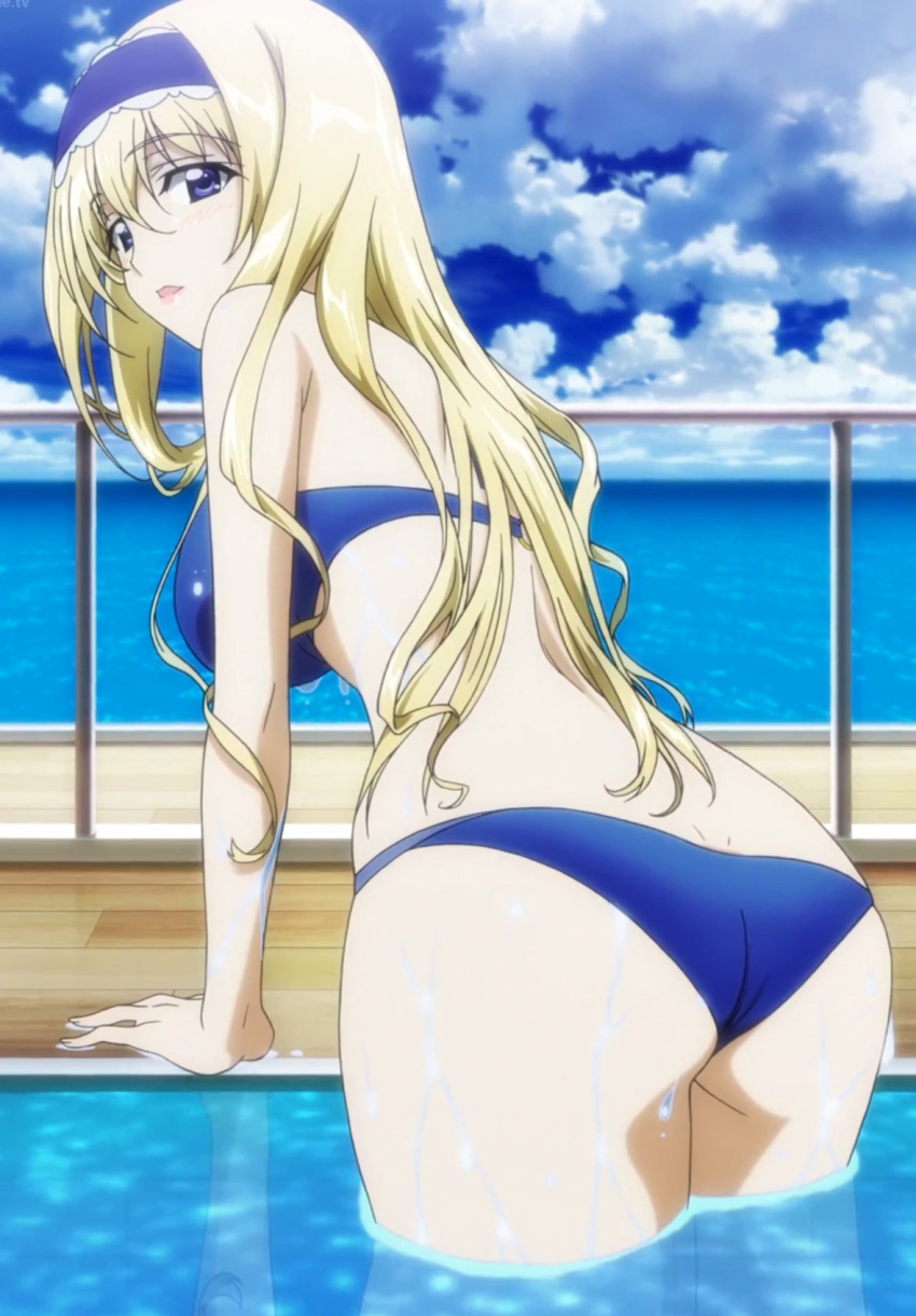 10s 1girl alluring arm_support ass big_breasts bikini blonde_hair blue_bikini blue_eyes blue_hairband bow breasts cecilia_alcott cloud cloudy_sky day from_behind hair_bow hairband headdress high_res infinite_stratos long_hair looking_at_viewer looking_back non-web_source ocean open_mouth screencap sky swimming_pool swimsuit wet