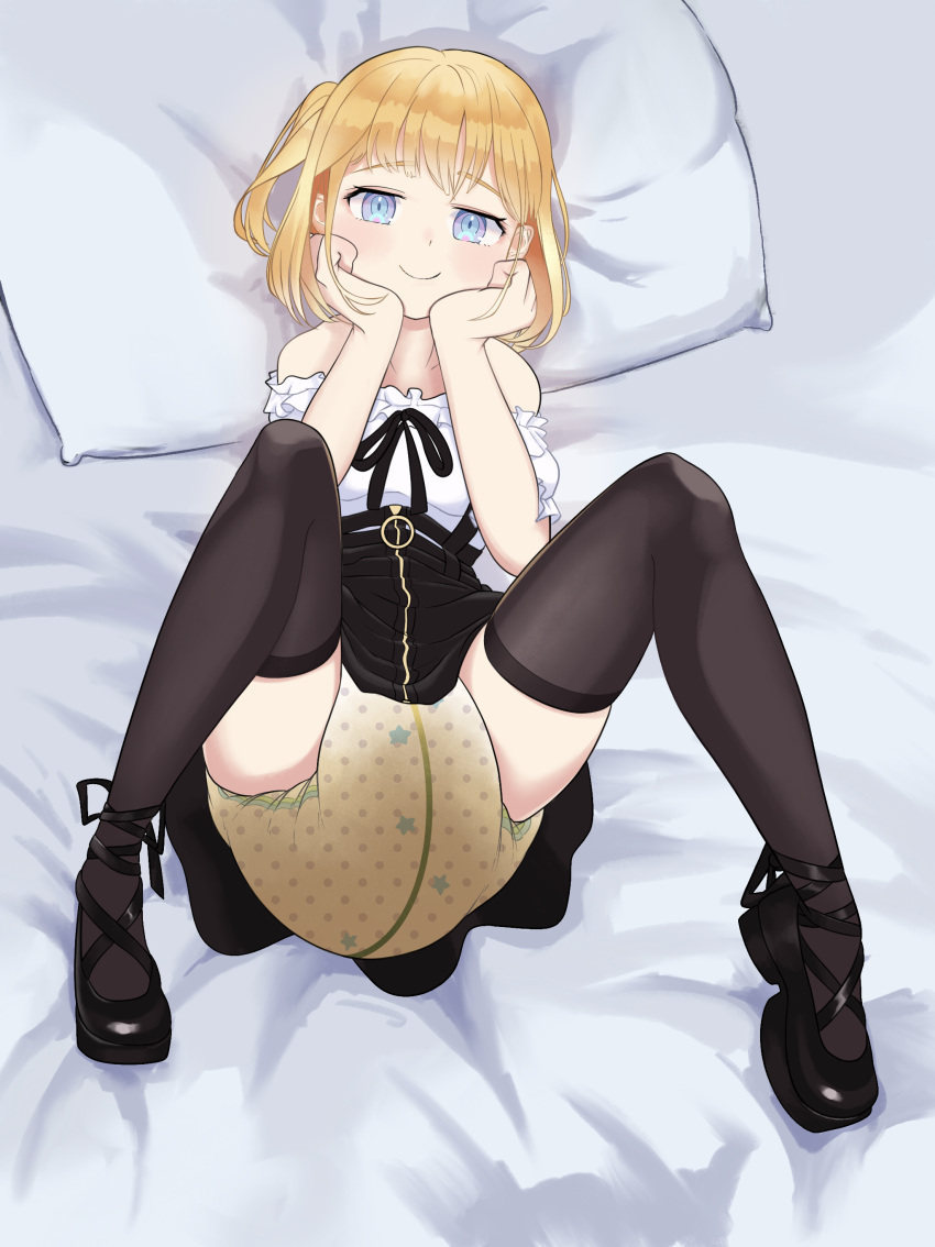 1girl 1girl blonde_hair diaper dress female_only hair looking_at_viewer lying octojo on_back pillow spread_legs stockings watson_amelia wet_diaper