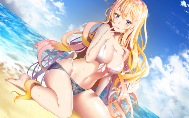 1girl 1girls beach bikini blonde_hair blue_eyes breasts clouds female_only finger_in_mouth maze_yuri ocean shiny_hair shorts smile swimsuit yellow_hair