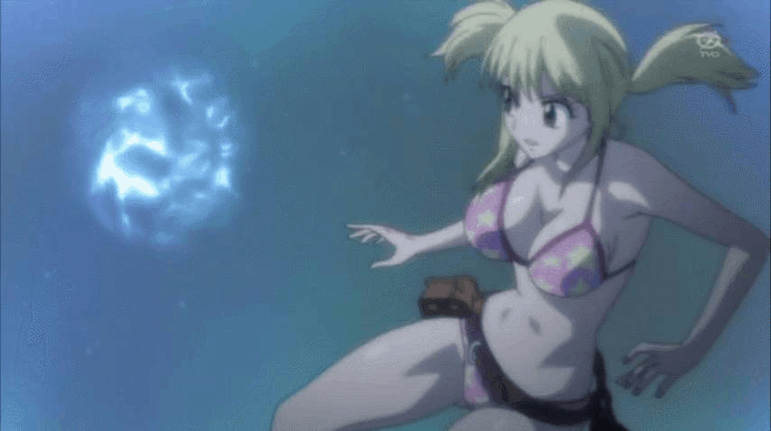 2girls animated ass bare_shoulders barefoot beaten bikini black_hair blonde_hair bouncing_breasts breasts cleavage defeat earrings fairy_tail female female_focus female_only huge_breasts injury jewelry large_breasts large_filesize long_hair looking_back lucy_heartfilia magic minerva_orlando multiple_girls navel pain ryona screaming screencap shiny sideboob swimsuit talking tattoo third-party_edit twintails underboob underwater violence water