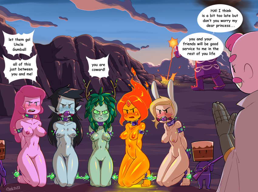 adventure_time blonde_hair bondage cartoon_network completely_nude_female fionna_the_human flame_hair flame_princess gmil huntress_wizard marceline marceline_abadeer princess_bubblegum speech_bubbles uncle_gumbald