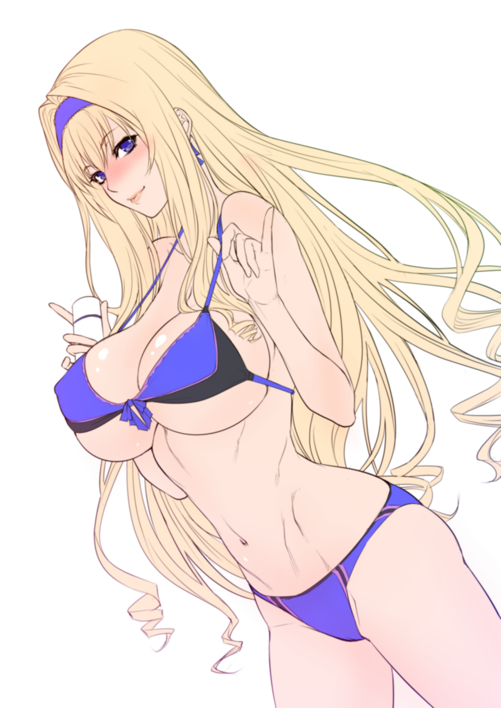 10s 1girl 1girl alluring big_breasts bikini blonde_hair blue_bikini blue_eyes breasts cecilia_alcott cleavage drill_hair dutch_angle hairband high_res infinite_stratos long_hair navel pulled_by_self strap_gap swimsuit under_boob white_background zucchini