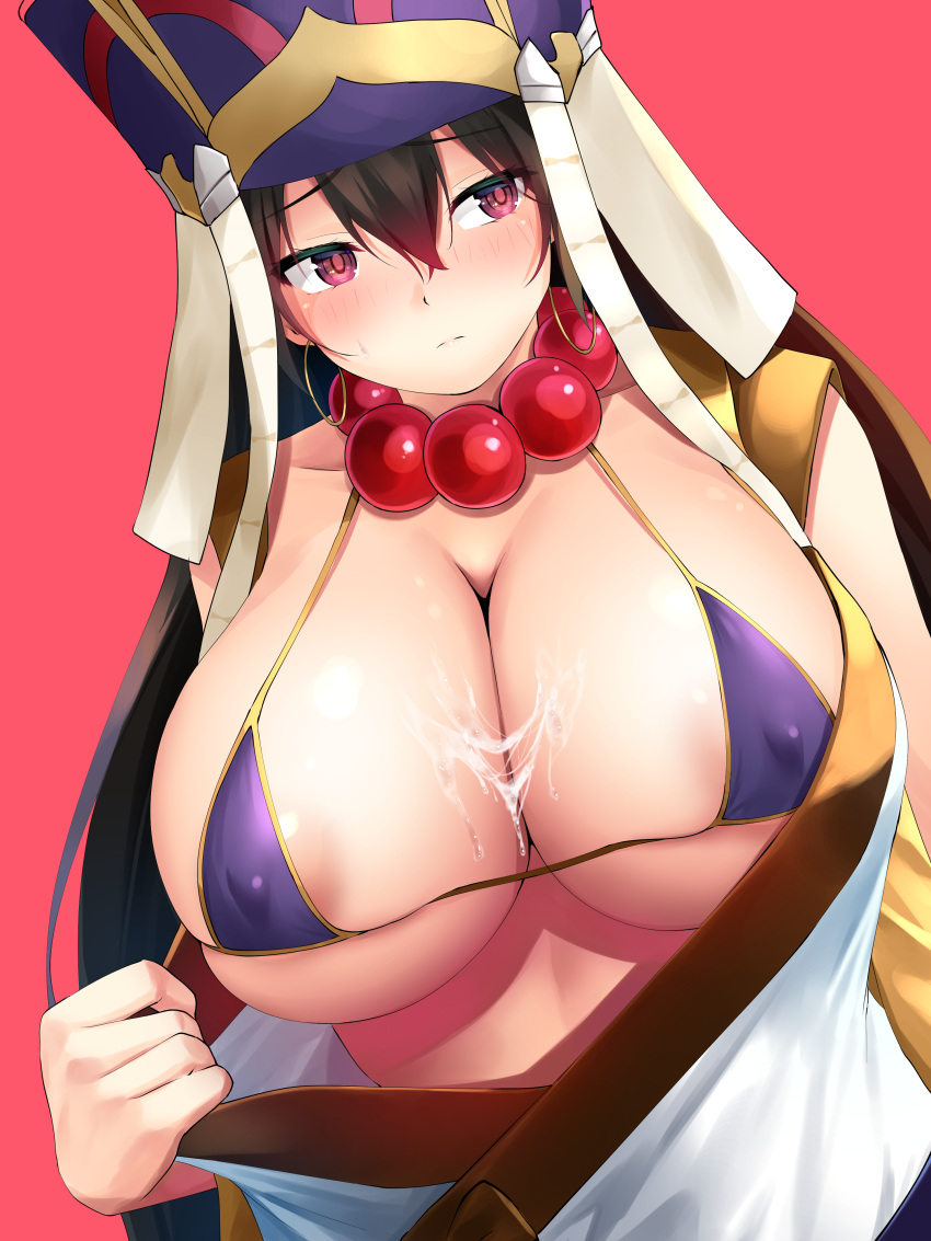 1girl 1girl 1girl absurd_res bead_necklace beads big_breasts bikini blush breasts brown_hair clothed_female collarbone cum cum_on_body cum_on_breasts cum_on_upper_body dutch_angle earrings erect_nipples fate/grand_order fate_(series) female_focus female_only hair_between_eyes hat high_res hoop_earrings huge_breasts jewelry long_hair looking_to_the_side mature mature_female micro_bikini necklace no_bra oekakizuki purple_bikini purple_eyes red_background ringed_eyes simple_background solo_female solo_focus swimsuit tagme undressing upper_body video_game_character video_game_franchise xuanzang_(fate)