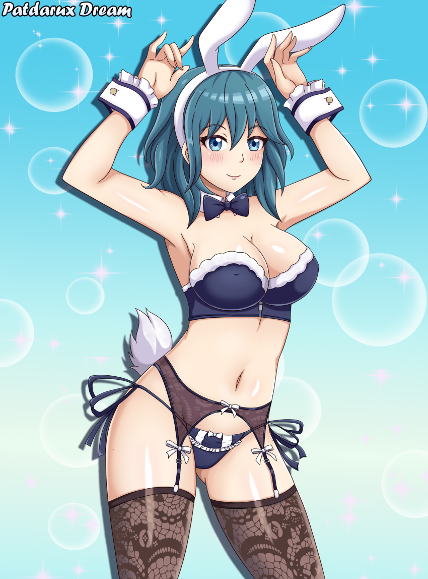 1girl 1girl 1girl alluring alternate_costume animal_ears ass_visible_through_thighs blue_background blue_eyes blue_hair blue_theme blush bowtie breasts bubble_background bunny_ears bunny_girl bunny_tail byleth_(fire_emblem)_(female) female_only fire_emblem fire_emblem:_three_houses garter_belt leggings lipstick looking_at_viewer mostly_nude nintendo nipple_bulge panties patdarux patdarux_dream revealing_clothes thighhighsv