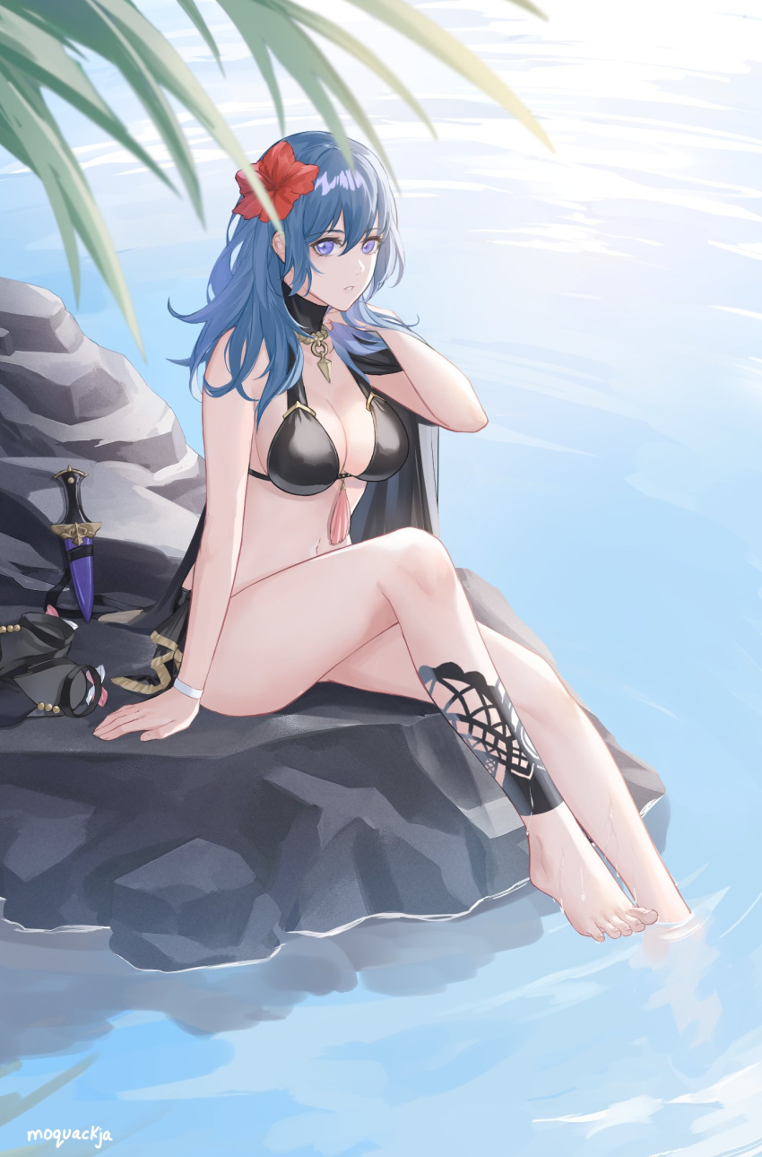 1girl 1girl 1girl alluring alternate_costume artist_name bangs barefoot big_breasts bikini black_bikini black_cape black_swimsuit blue_hair breasts byleth_(fire_emblem) byleth_(fire_emblem)_(female) byleth_(summer)_(fire_emblem)_(female) cape cleavage commentary dagger english_commentary fire_emblem fire_emblem:_three_houses fire_emblem_heroes flower hair_between_eyes hair_flower hair_ornament hibiscus high_res knife leaf long_hair looking_at_viewer moja_(rainpoow) official_alternate_costume parted_lips partially_submerged purple_eyes red_flower signature sitting swimsuit toes water weapon