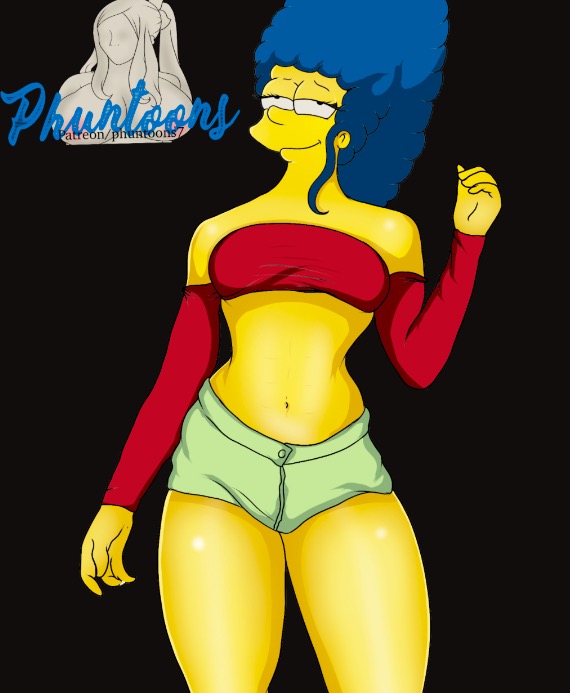 1girl 1girl alluring artist_name bare_shoulders blue_hair breasts clothed hips indoors legs long_hair looking_at_viewer marge_simpson milf navel non-nude phuntoons posing presenting revealing_clothes sexy short_shorts shorts sleeves slut standing stomach the_simpsons thick_thighs toned yellow_skin