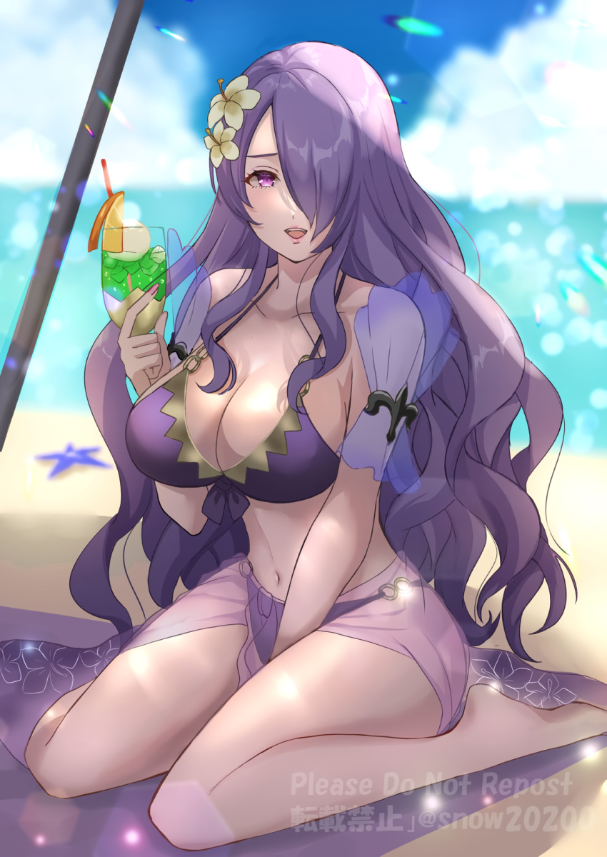1girl 1girl alluring beach big_breasts bikini breasts camilla_(fire_emblem) camilla_(summer)_(fire_emblem) cleavage fire_emblem fire_emblem_fates fire_emblem_heroes hair_ornament hair_over_one_eye holding juice long_hair navel nintendo open_mouth purple_bikini purple_eyes purple_hair sarong sitting snow20200 swimsuit very_long_hair