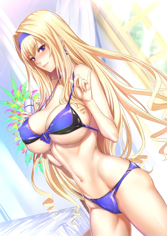 1girl 1girl alluring bed big_breasts big_breasts bikini bikini_top_lift blonde_hair blue_eyes bow breasts cecilia_alcott cleavage clothes_lift drill_hair female_only hairbow infinite_stratos legs long_hair looking_at_viewer pink_lips seductive_smile sensual smile thighs very_long_hair voluptuous