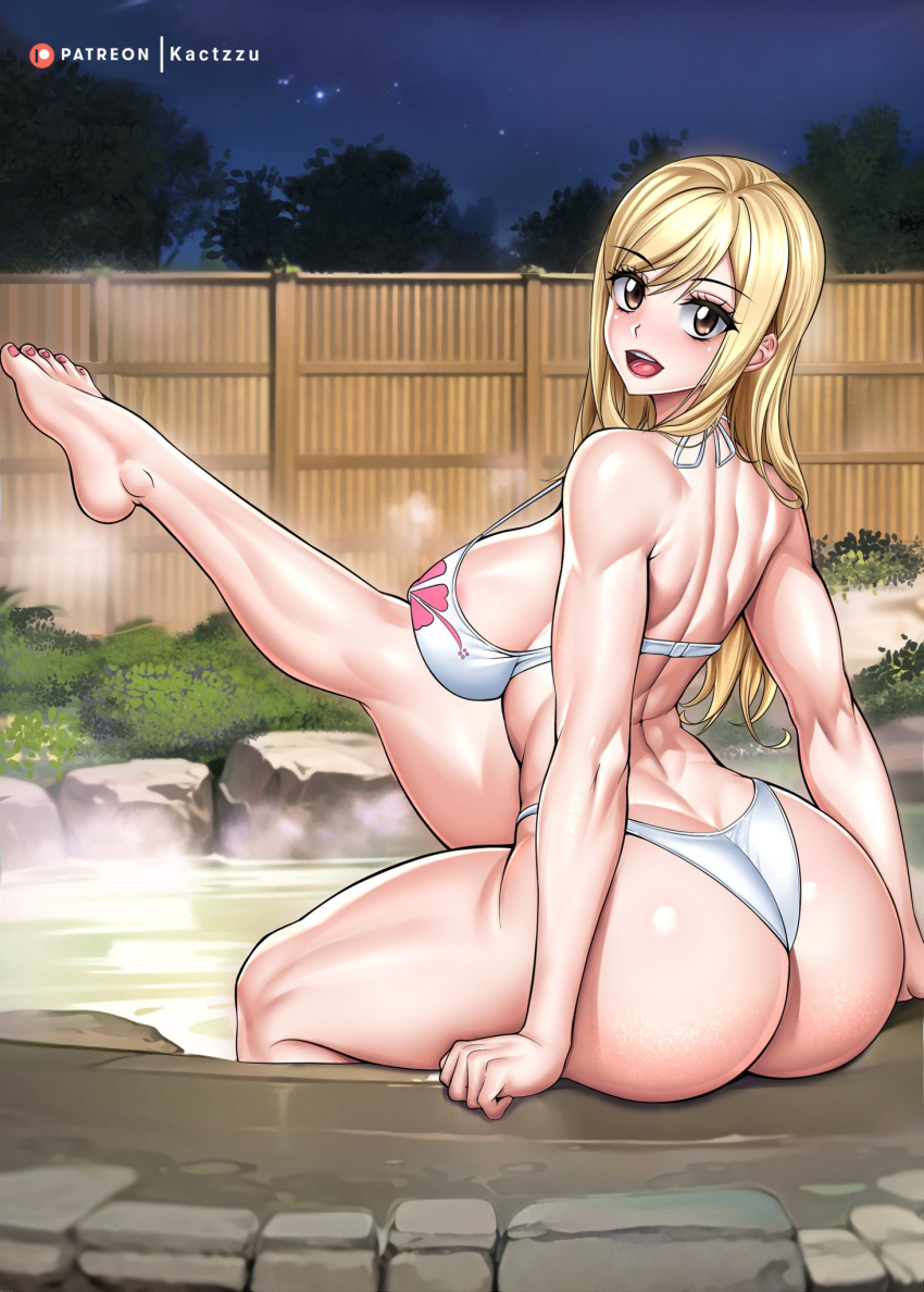 1girl 1girls ass bikini blonde_hair breasts dat_ass fairy_tail hot_spring huge_ass huge_breasts kactzzu long_hair long_legs lucy_heartfilia onsen outside smile thighs thong thong_bikini white_bikini white_thong