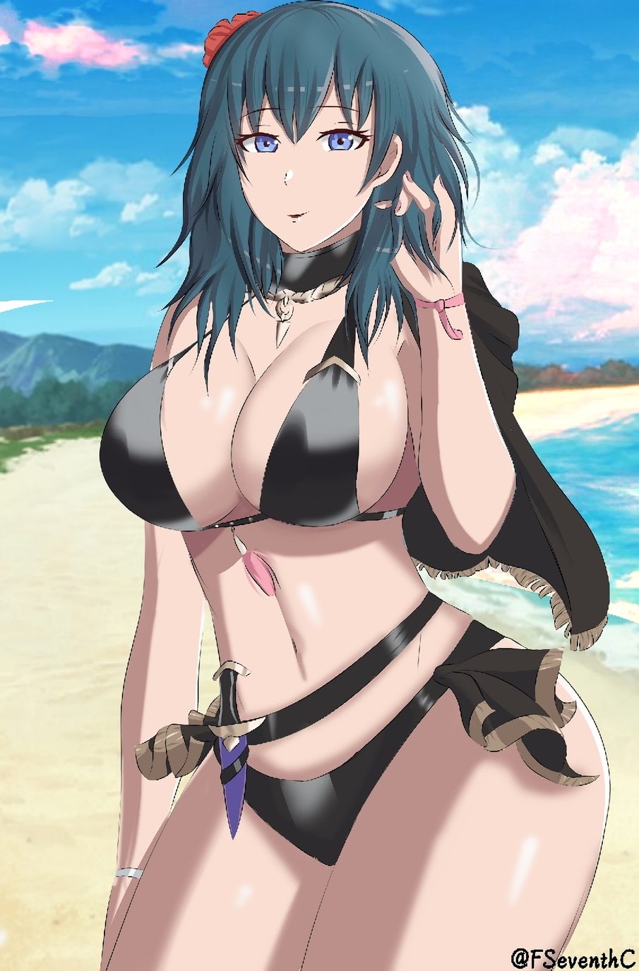 1girl alluring alternate_breast_size alternate_costume big_breasts black_bikini black_swimsuit breasts byleth_(fire_emblem)_(female) byleth_(summer)_(fire_emblem)_(female) female_only fire_emblem fire_emblem:_three_houses fire_emblem_heroes fseventhc looking_at_viewer nintendo official_alternate_costume seventh_art