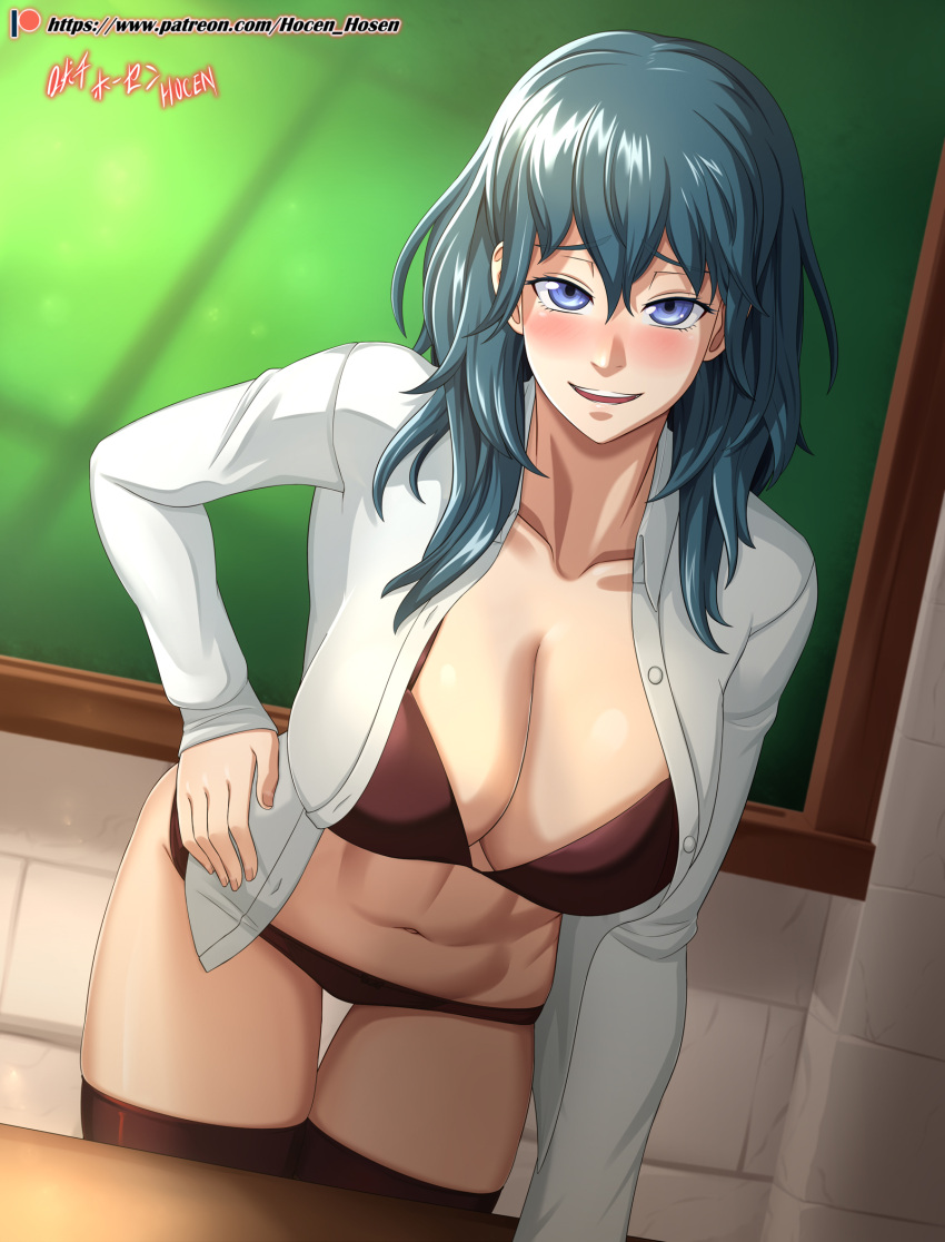 1girl alluring athletic_female bare_midriff bare_thighs big_breasts blue_eyes blue_hair blush bra breasts brown_panties byleth_(fire_emblem) byleth_(fire_emblem)_(female) chalkboard classroom cleavage female_abs female_protagonist fire_emblem fire_emblem:_three_houses fire_emblem_heroes fit_female hand_on_hip high_res hocen looking_at_viewer nintendo open_clothes open_mouth open_shirt open_smile panties shirt shy_smile smile stockings teacher teal_hair thighs vilde_loh_hocen watermark web_address white_shirt whiteboard