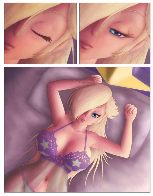 1girl arms_at_sides bedroom bedroom_eyes blue_eyes breasts casual_clothes closed_eyes cushion female_only hair_over_one_eye light_blue_panties lingerie long_hair lying lying_on_bed navel nintendo page_1 pale-skinned_female pale_skin pink_lips pink_lipstick platinum_blonde_hair princess purple_bra purple_clothing purple_lingerie rosalina saf-404 safartwoks safartworks story super_mario_bros. super_smash_bros. wake_up