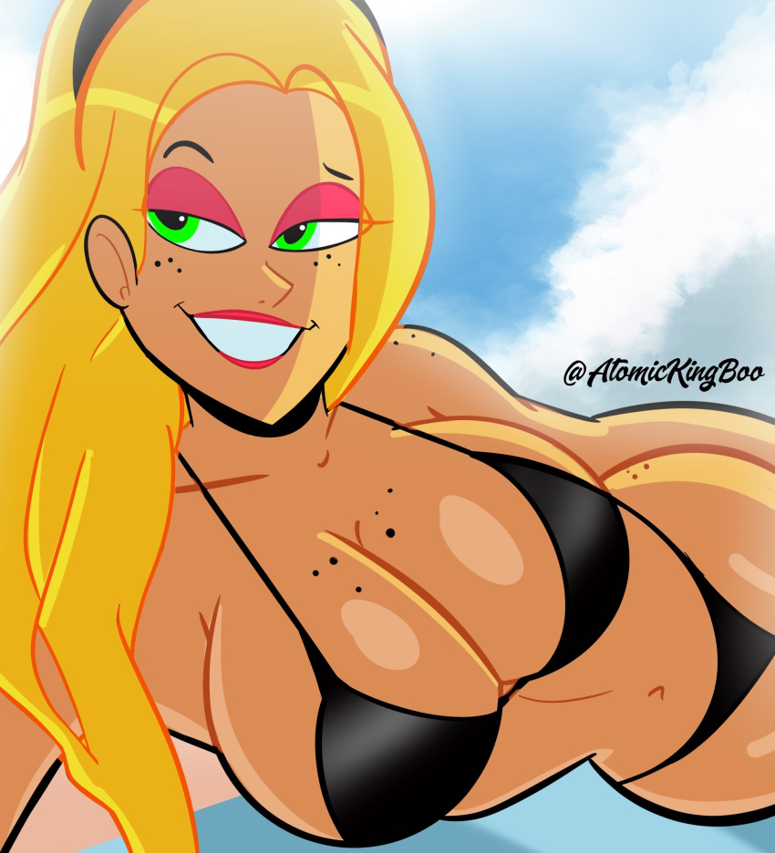 1girl atomickingboo beach bikini blonde_hair breasts cleavage freckles green_eyes long_hair original_character sarah_mcneil solo_female solo_focus