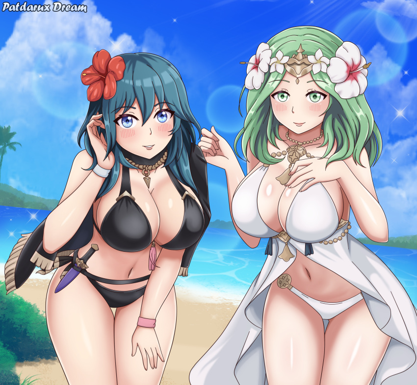 2girls alluring artist_name bangs bare_shoulders beach big_breasts bikini black_bikini black_cape black_swimsuit blue_eyes blue_hair blue_sky blush breasts byleth_(fire_emblem)_(female) byleth_(summer)_(fire_emblem)_(female) cape cleavage cloud collarbone cowboy_shot dagger day english_commentary eyebrows_visible_through_hair female_focus female_only fire_emblem fire_emblem:_three_houses fire_emblem_heroes flower flower_in_hair fully_clothed green_eyes green_hair hair_between_eyes hair_flower hair_ornament hand_on_own_chest hand_up high_res leaning_forward lens_flare long_hair looking_at_viewer mature_female midriff multiple_girls navel nintendo ocean outside parted_lips patdarux patdarux_dream rhea_(fire_emblem) rhea_(summer)_(fire_emblem) ribbon sheath sheathed sidelocks sky smile sparkle standing swimsuit thick_thighs thigh_gap thighs tiara water weapon white_bikini white_swimsuit wrist_ribbon